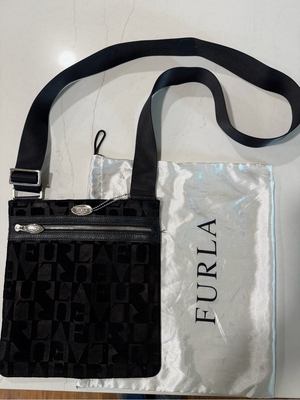 Vintage Black Suede FURLA Crossbody Purse